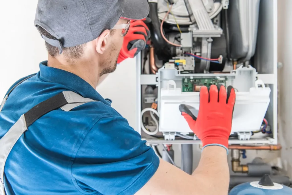 Furnace Repair In Sugarland, TX 1 A technician repairs a gas furnace, focused on his task in a well-lit workshop