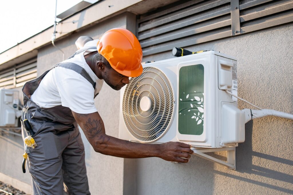 A professional is fixing an air conditioner, demonstrating expertise in HVAC maintenance and repair