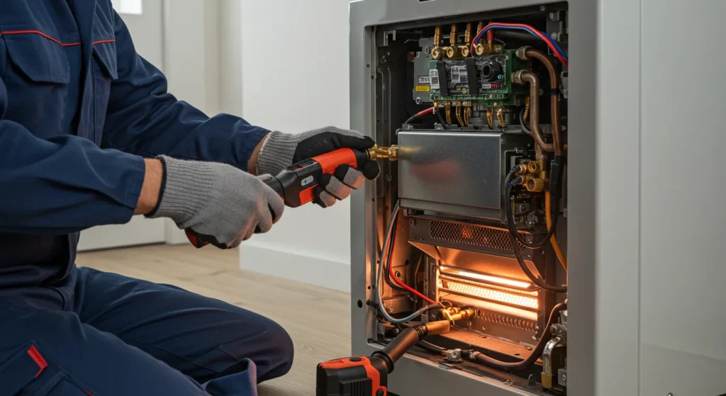 Heater Installation In Jersey Village, TX 1 A man is engaged in maintenance work on a gas furnace, showcasing expertise